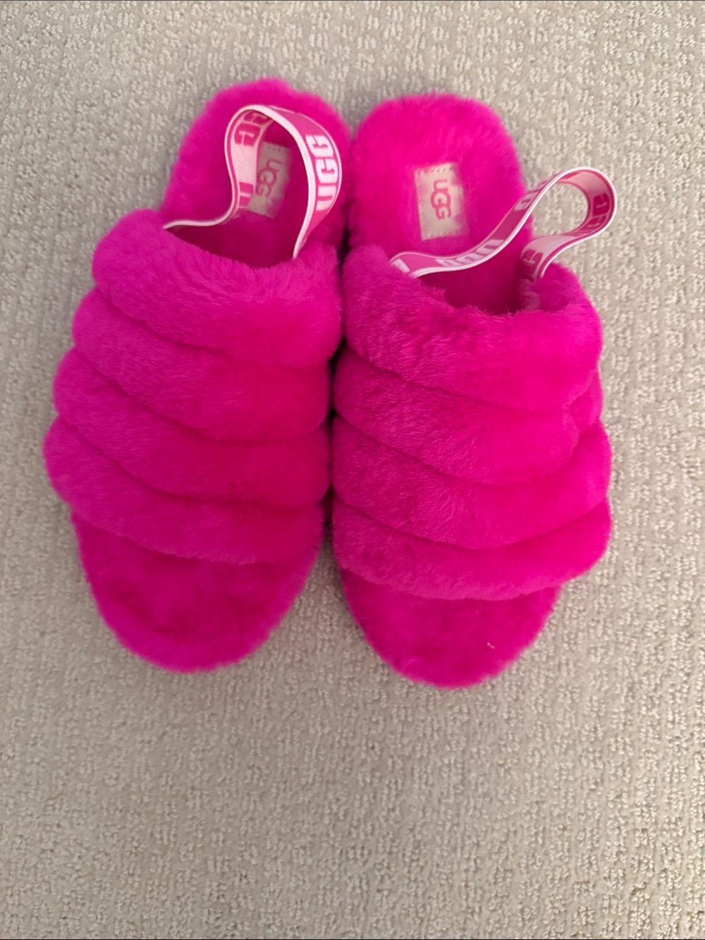 UGG Kids Hot Pink Plush Slide Slippers with Elastic Heel Strap